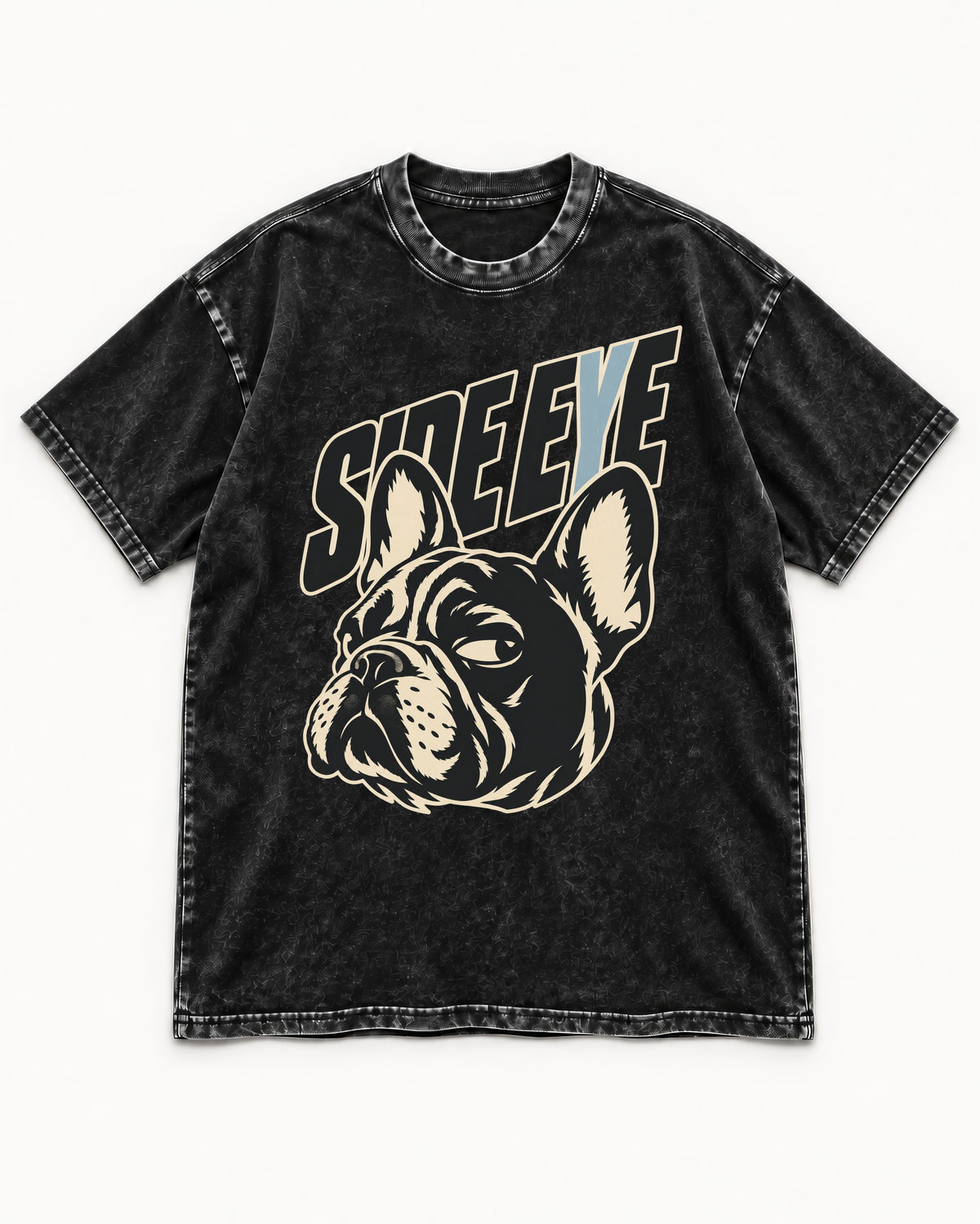 Frenchie Side Eye Portrait Graphic Washed Tee in Black, flat lay product photo