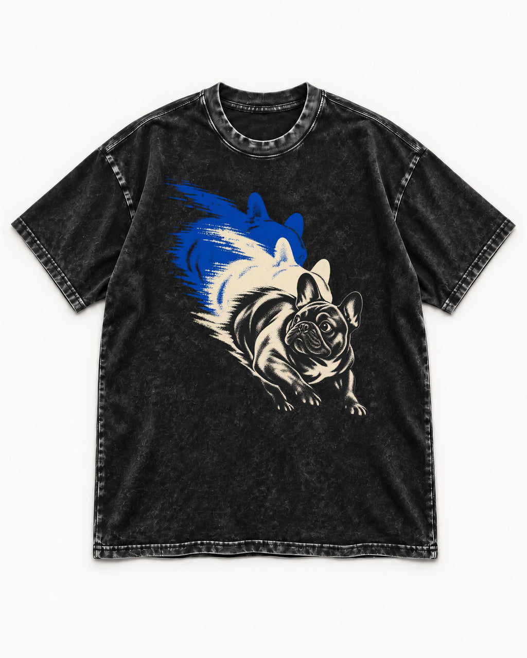 Frenchie Blue Brush Zoomie Graphic Washed Tee in Black, flat lay product photo