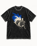 Frenchie Blue Brush Zoomie Graphic Washed Tee in Black, flat lay product photo
