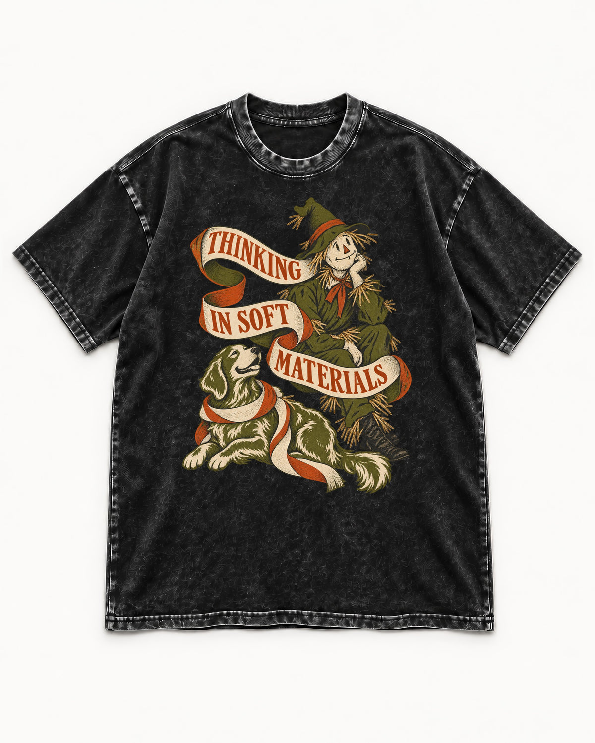 Golden Retriever Thinking in Soft Materials Scarecrow Graphic Washed Tee in Black, flat lay product photo