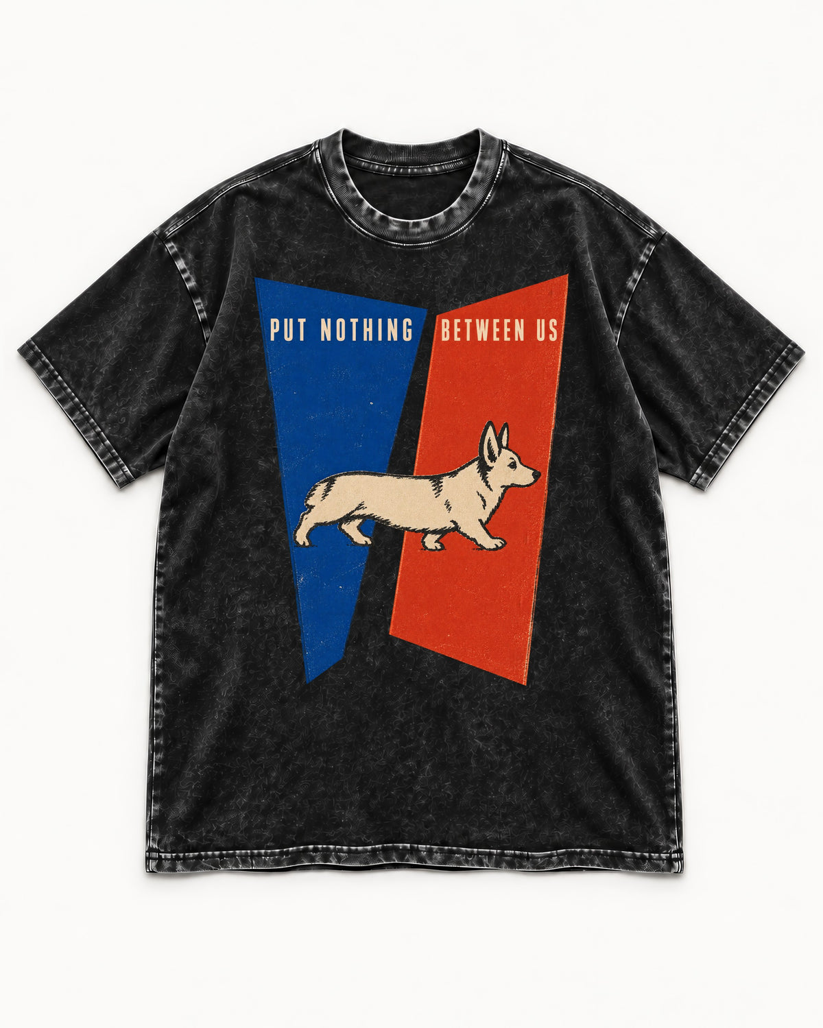 Corgi Put Nothing Between Us Split Panels Washed Tee in Black, flat lay product photo