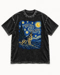 German Shepherd Dog Night Shift Orbital Division Starry Night Washed Tee in Black, flat lay product photo
