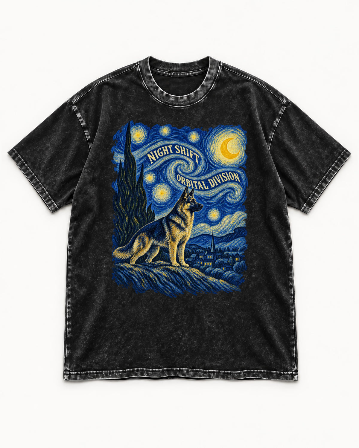 German Shepherd Dog Night Shift Orbital Division Starry Night Washed Tee in Black, flat lay product photo