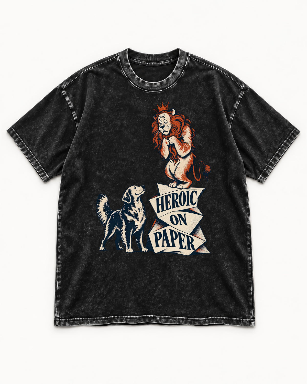 Golden Retriever Heroic on Paper Lion Graphic Washed Tee in Black, flat lay product photo