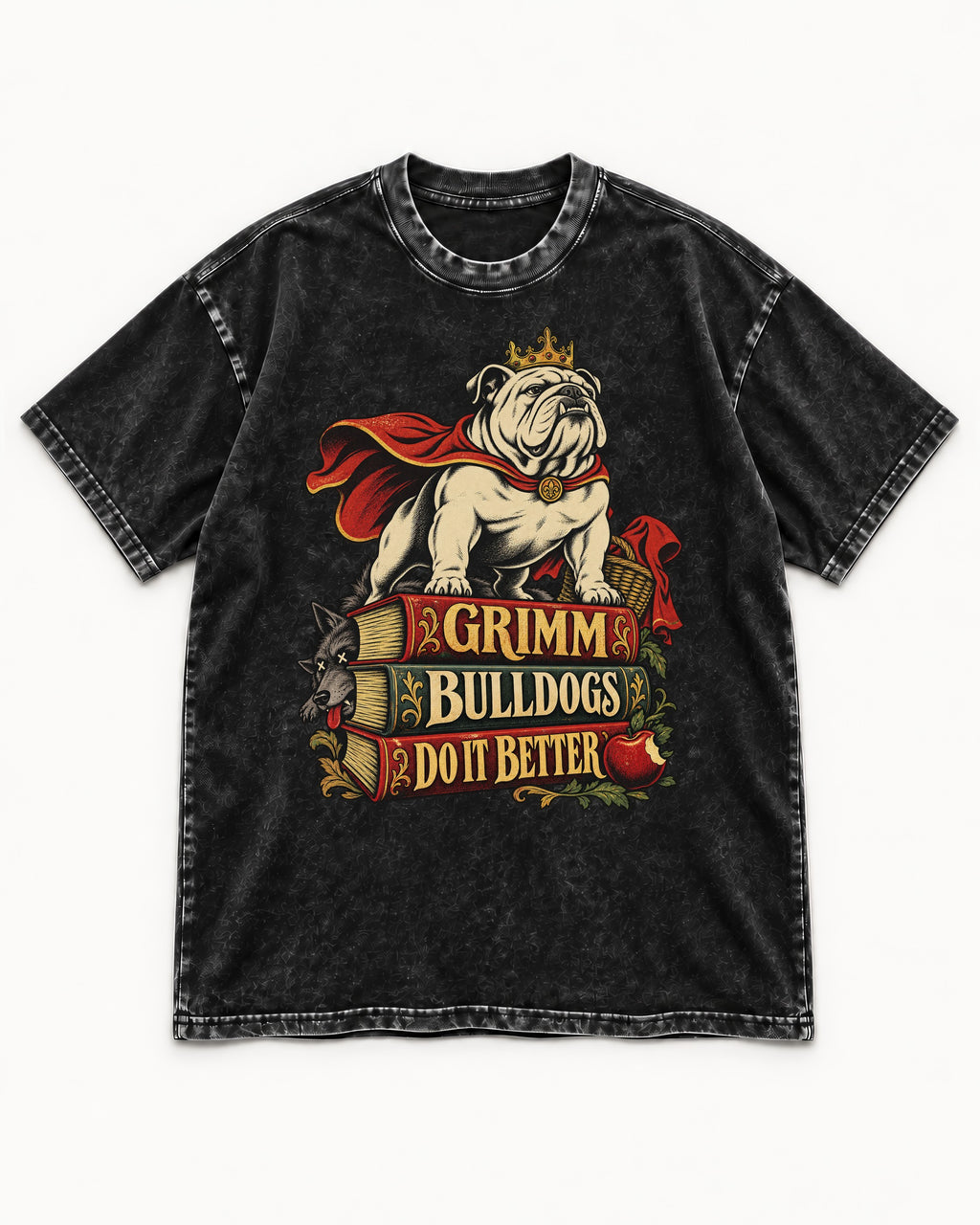 English Bulldog Grimm Bulldogs Do It Better Storybook Graphic Washed Tee in Black, flat lay product photo
