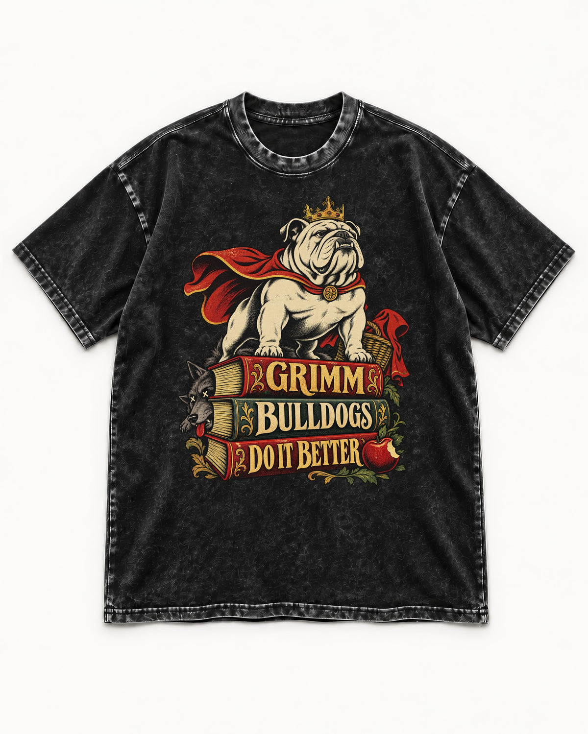 English Bulldog Grimm Bulldogs Do It Better Storybook Graphic Washed Tee in Black, flat lay product photo