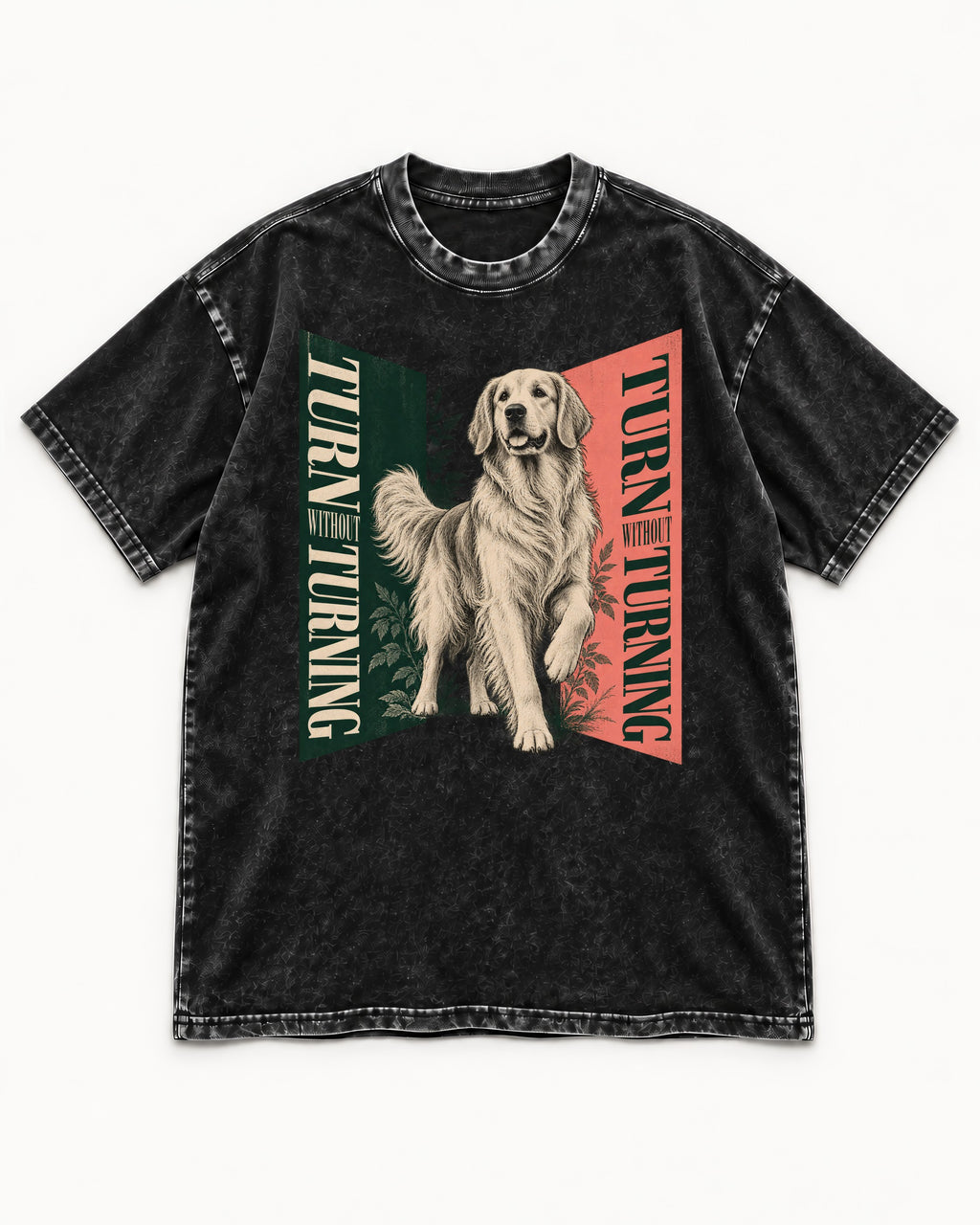 Golden Retriever Turn Without Turning Gateway Graphic Washed Tee in Black, flat lay product photo