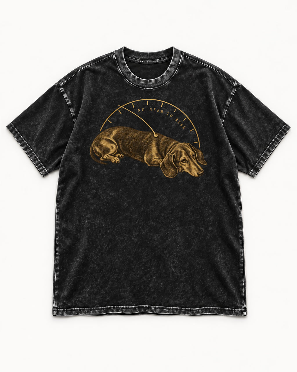 Dachshund No Need To Rush Gauge Graphic Washed Tee in Black, flat lay product photo
