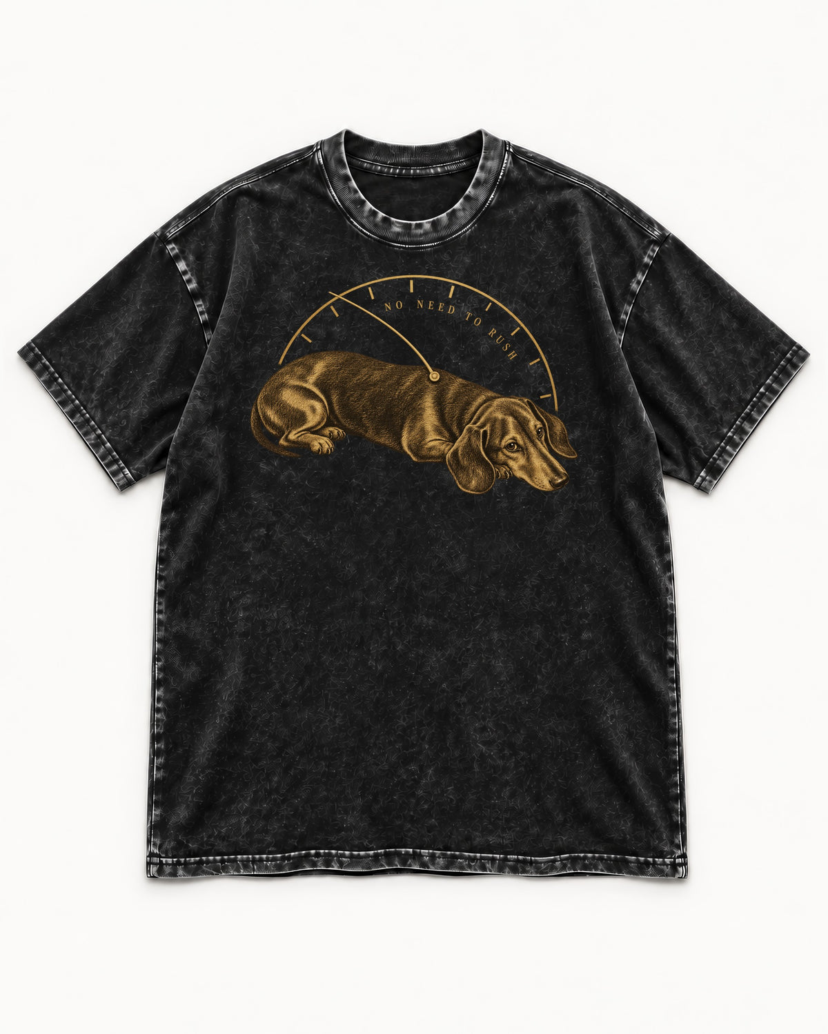 Dachshund No Need To Rush Gauge Graphic Washed Tee in Black, flat lay product photo