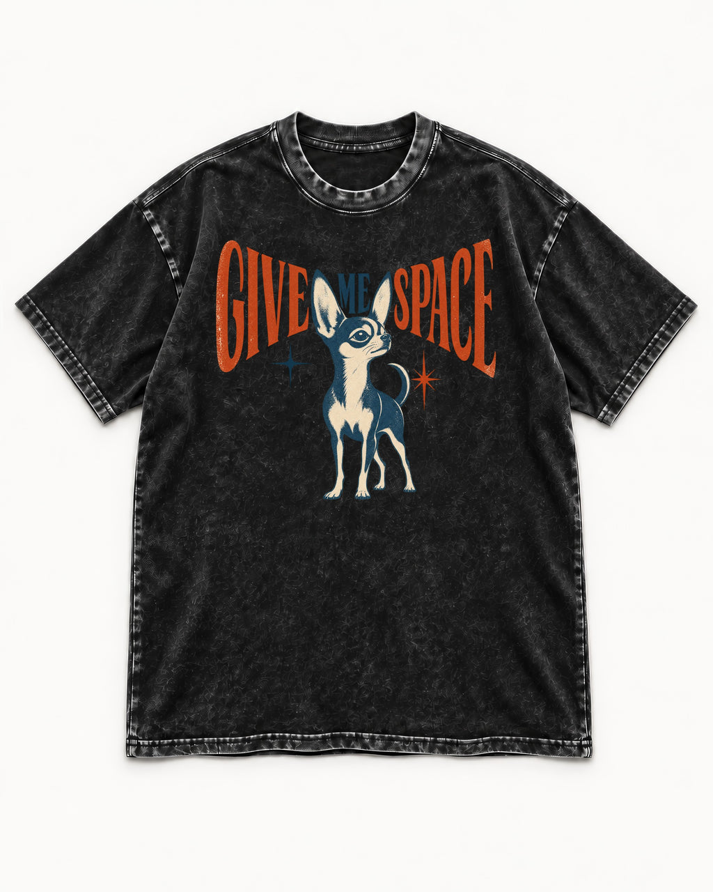 Chihuahua Give Me Space Starburst Graphic Washed Tee in Black, flat lay product photo