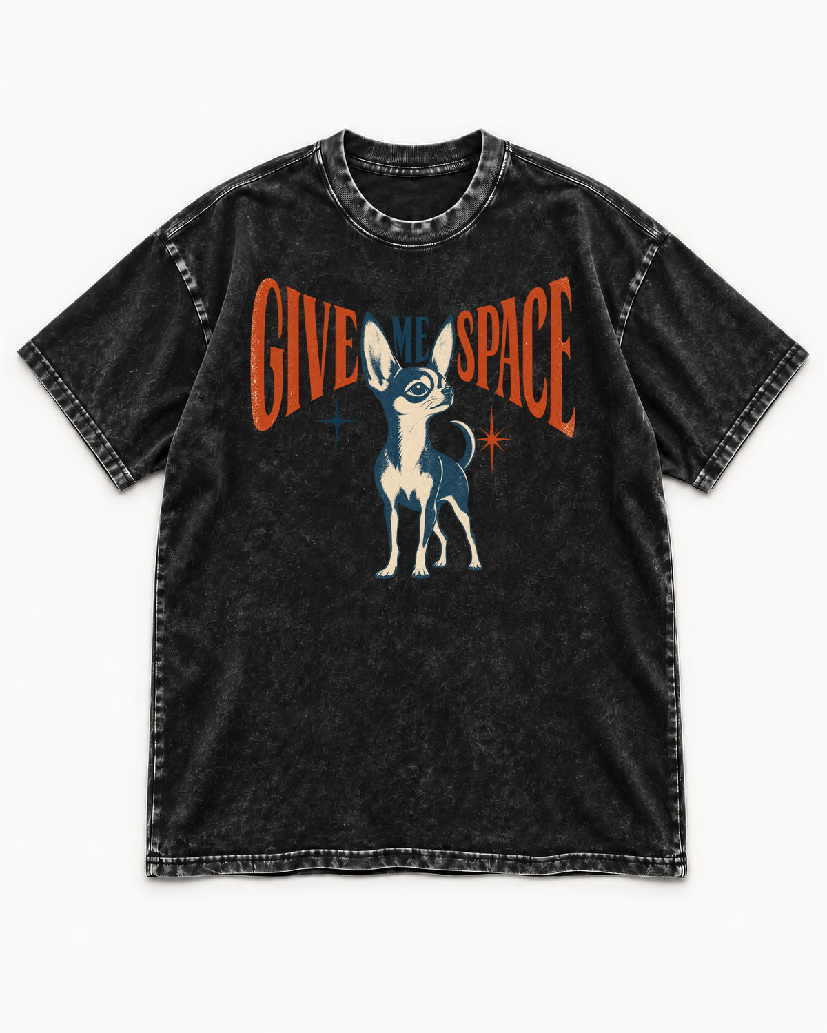 Chihuahua Give Me Space Starburst Graphic Washed Tee in Black, flat lay product photo