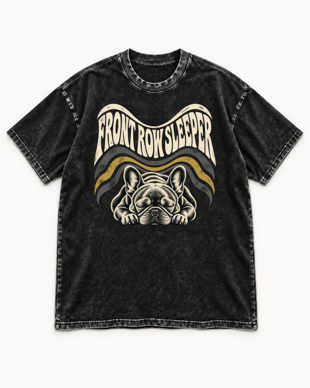 Frenchie Front Row Sleeper Retro Graphic Washed Tee in Black, flat lay product photo