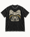 Frenchie Front Row Sleeper Retro Graphic Washed Tee in Black, flat lay product photo