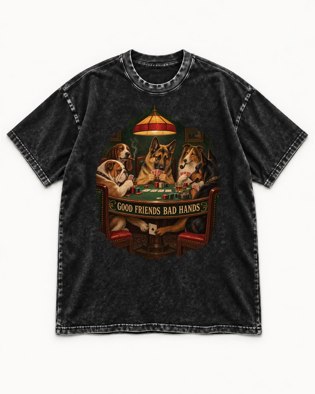 German Shepherd Dog Good Friends Bad Hands Poker Graphic Washed Tee in Black, flat lay product photo