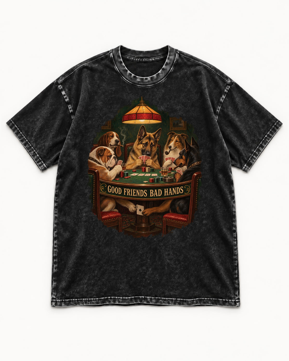 German Shepherd Dog Good Friends Bad Hands Poker Graphic Washed Tee in Black, flat lay product photo