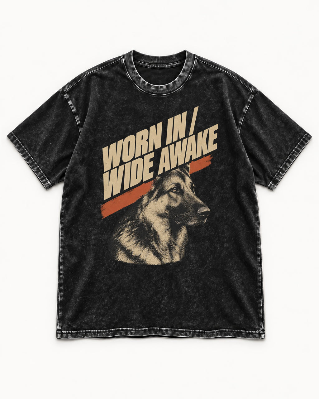 Worn In Wide Awake Portrait German Shepherd Dog Graphic Washed Tee in Black, flat lay product photo