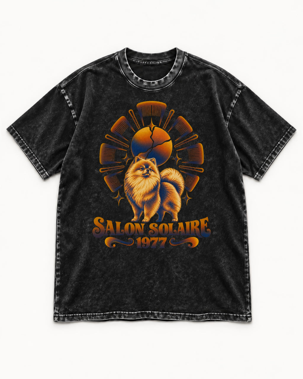 Pomeranian Salon Solaire 1977 Hairbrush Halo Graphic Washed Tee in Black, flat lay product photo