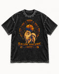 Pomeranian Salon Solaire 1977 Hairbrush Halo Graphic Washed Tee in Black, flat lay product photo