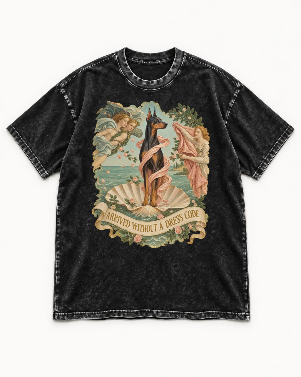 Doberman Arrived Without a Dress Code Renaissance Graphic Washed Tee in Black, flat lay product photo