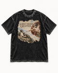 Almost Touched Greatness Boston Terrier Renaissance Parody Washed Tee in Black, flat lay product photo