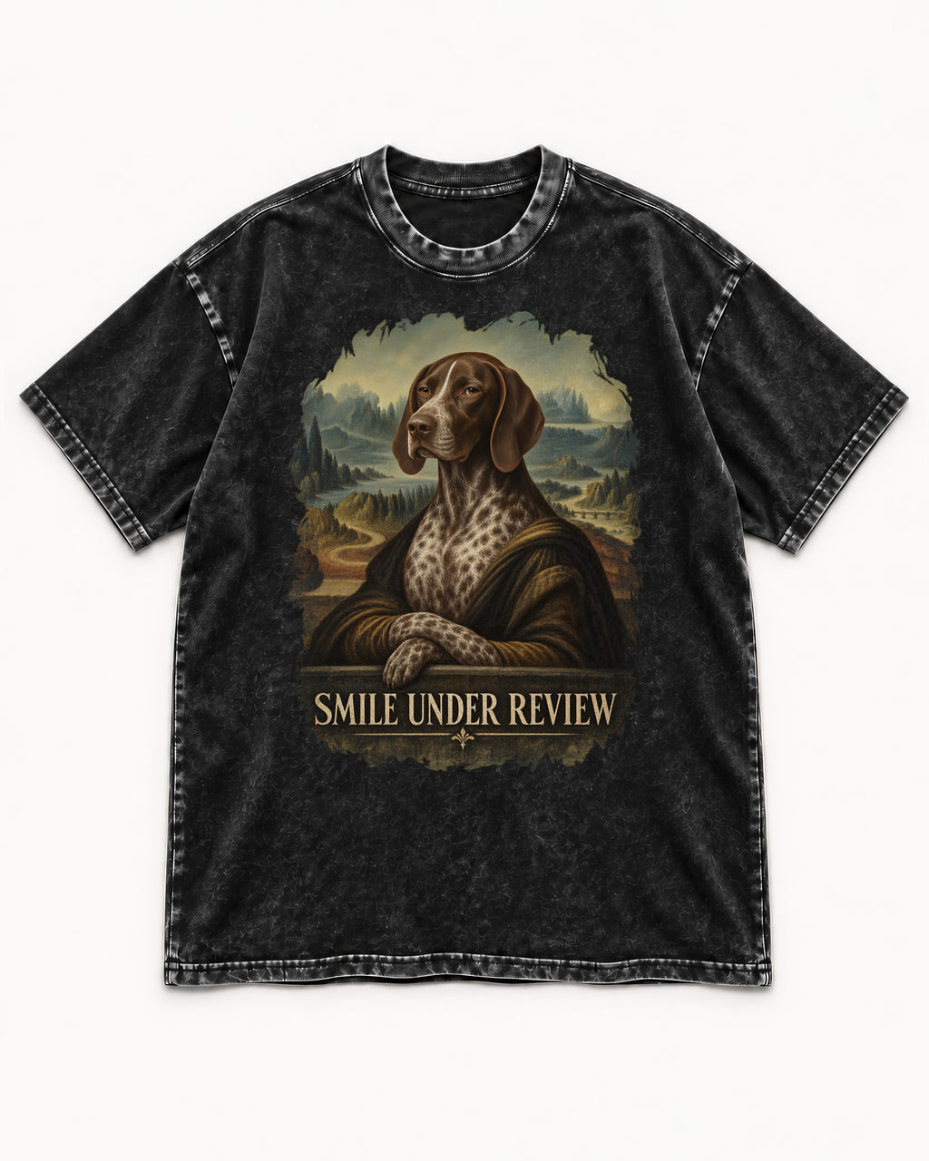 German Shorthaired Pointer Smile Under Review Renaissance Portrait Graphic Washed Tee in Black, flat lay product photo