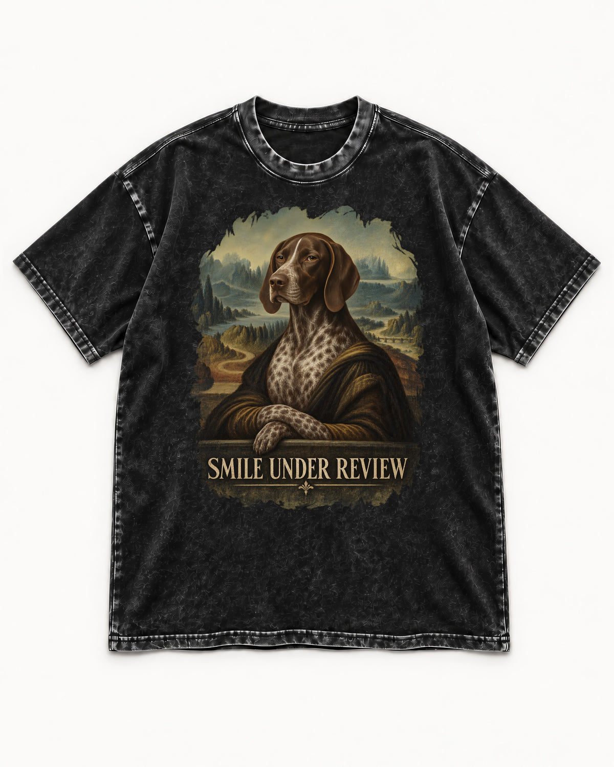 German Shorthaired Pointer Smile Under Review Renaissance Portrait Graphic Washed Tee in Black, flat lay product photo
