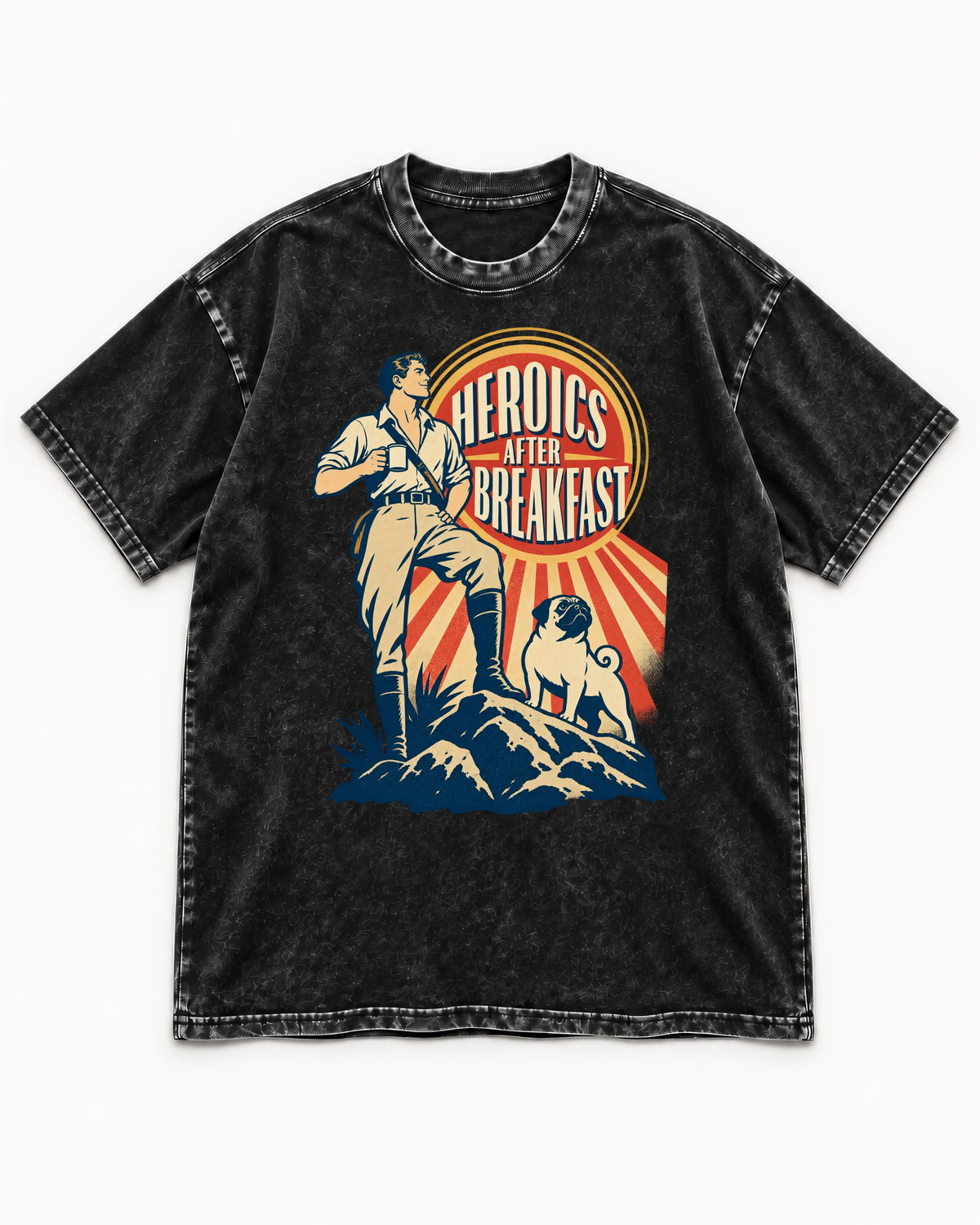 Pug Heroics After Breakfast Adventure Graphic Washed Tee in Black, flat lay product photo