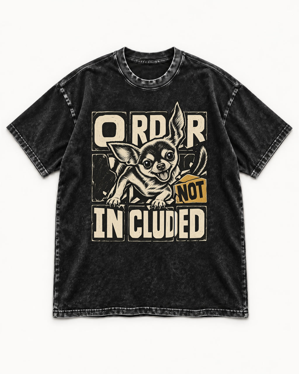 Chihuahua Order Not Included Broken Grid Graphic Washed Tee in Black, flat lay product photo