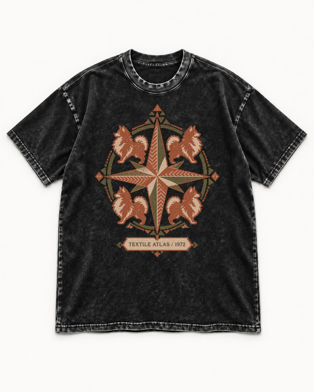 Pomeranian Textile Atlas Compass Rose Graphic Washed Tee in Black, flat lay product photo