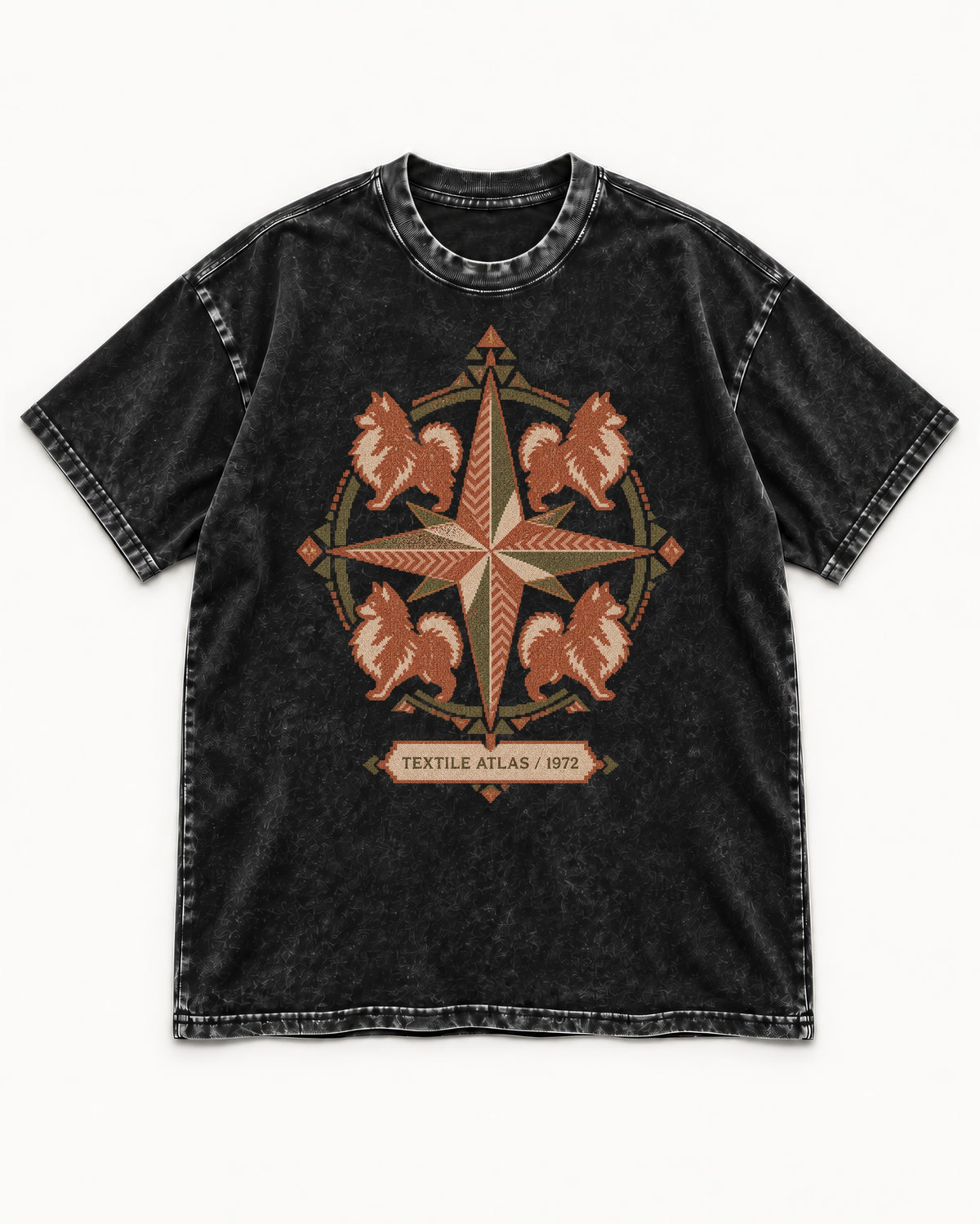 Pomeranian Textile Atlas Compass Rose Graphic Washed Tee in Black, flat lay product photo