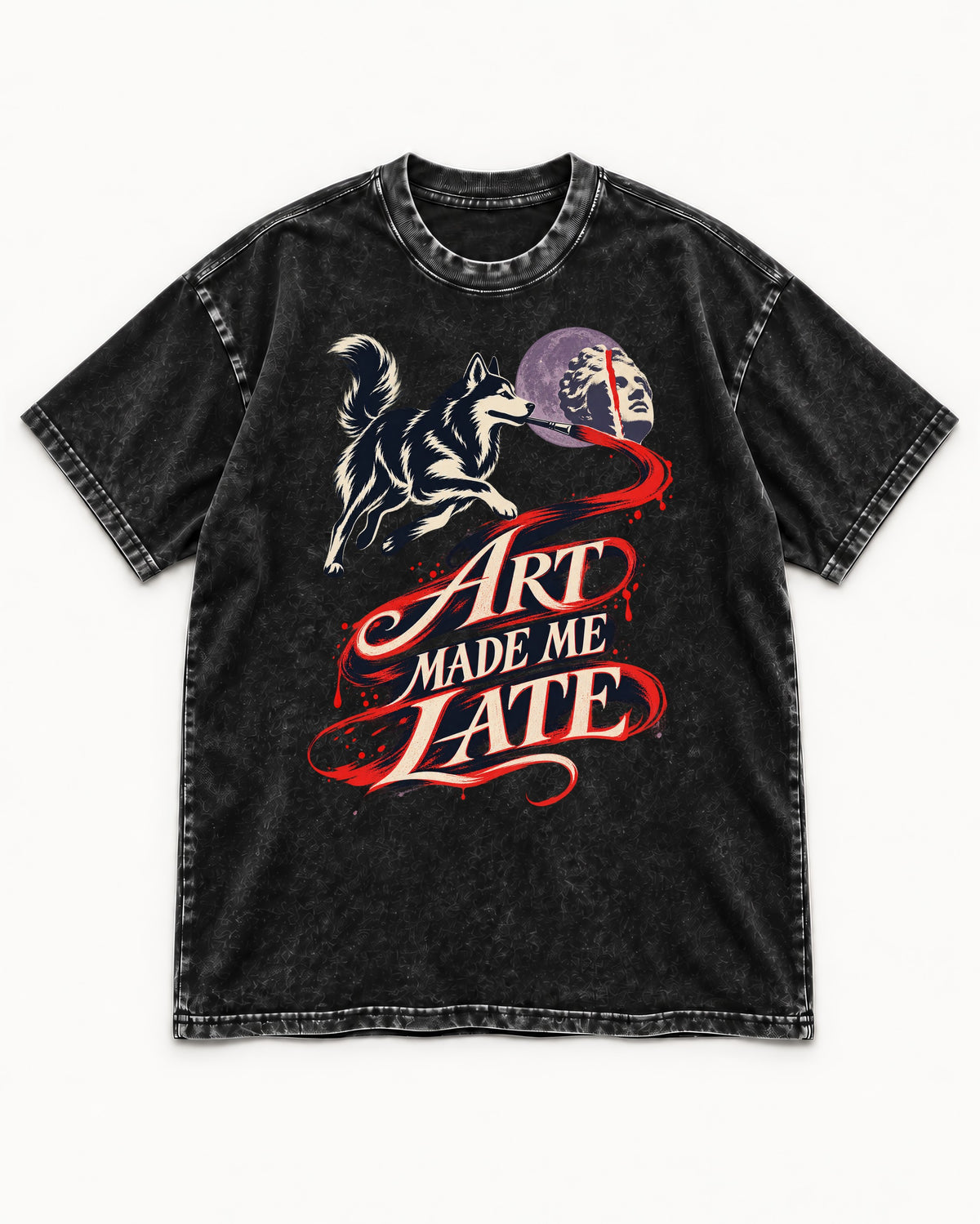 Husky Art Made Me Late Paintbrush Graphic Washed Tee in Black, flat lay product photo
