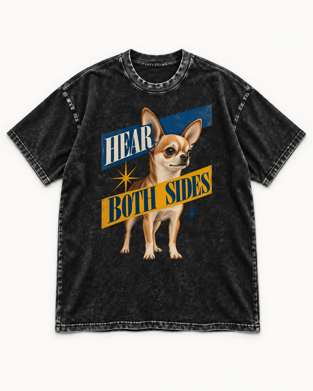 Chihuahua Hear Both Sides Banner Graphic Washed Tee in Black, flat lay product photo
