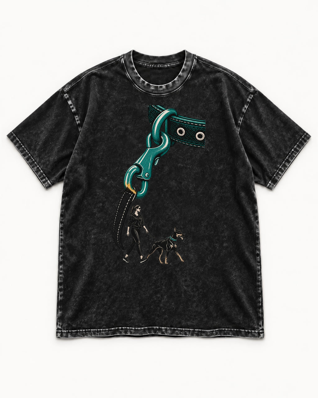 Doberman Oversized Leash Hardware Walk Graphic Washed Tee in Black, flat lay product photo