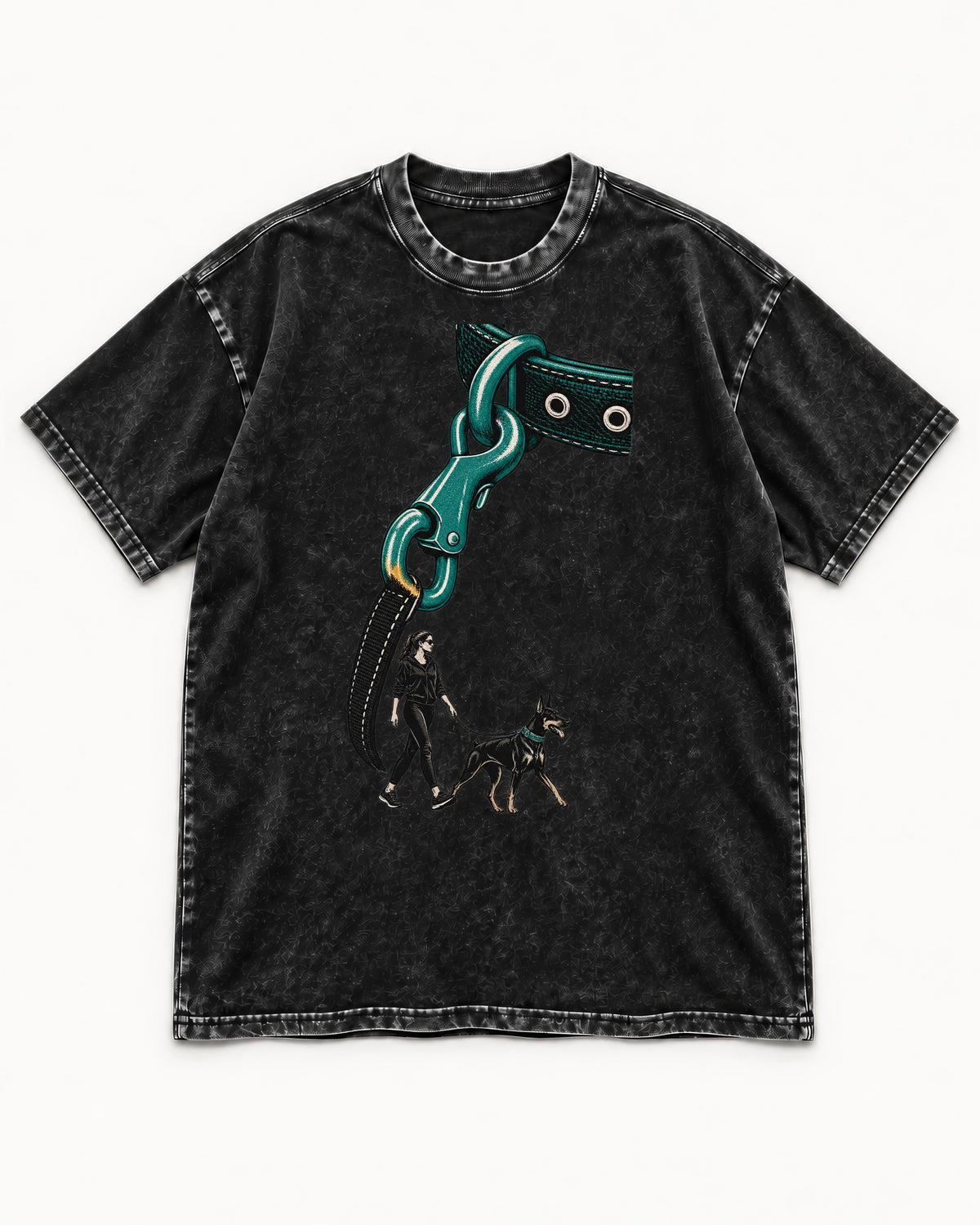 Doberman Oversized Leash Hardware Walk Graphic Washed Tee in Black, flat lay product photo
