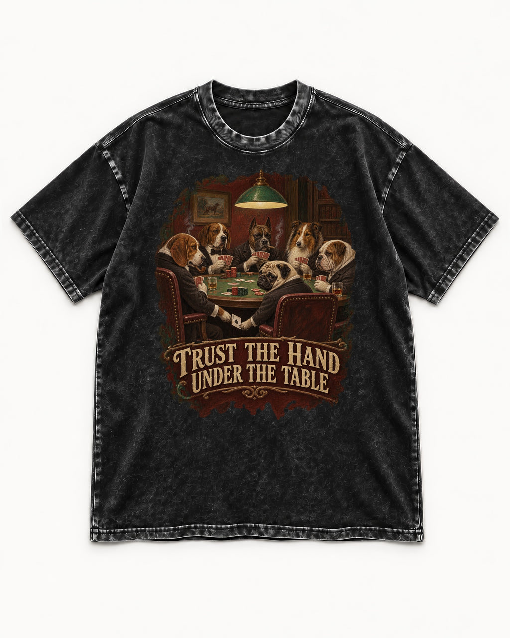 Pug Trust the Hand Under the Table Poker Graphic Washed Tee in Black, flat lay product photo