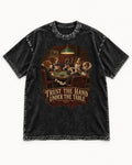 Pug Trust the Hand Under the Table Poker Graphic Washed Tee in Black, flat lay product photo
