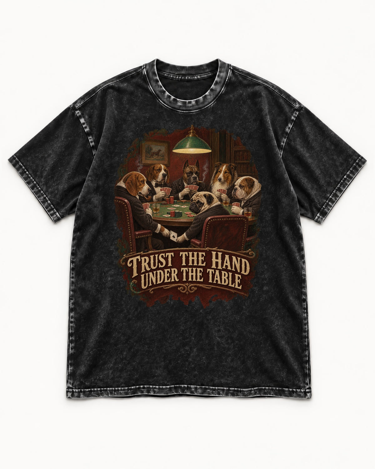 Pug Trust the Hand Under the Table Poker Graphic Washed Tee in Black, flat lay product photo