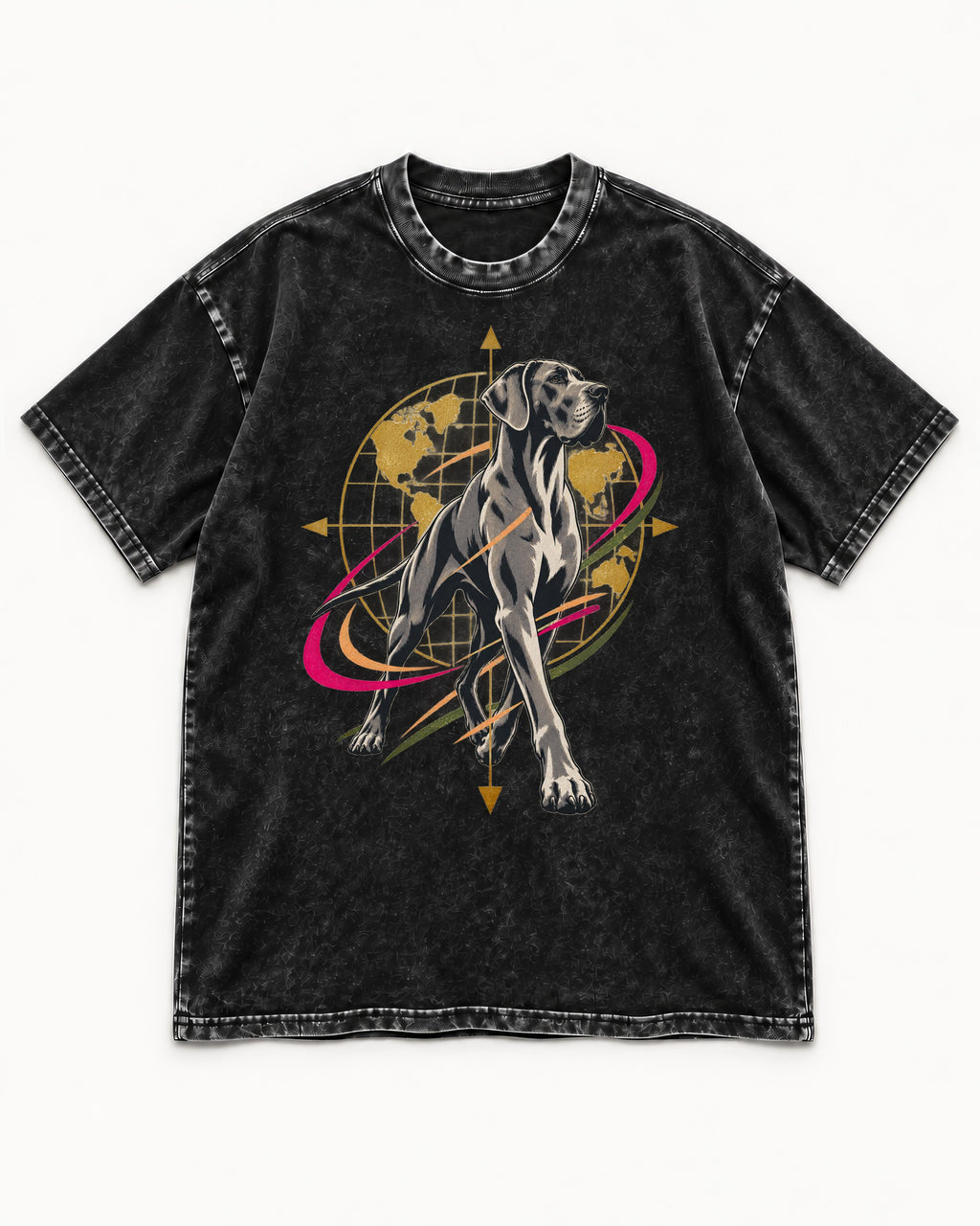Great Dane Striding Globe Orbit Graphic Washed Tee in Black, flat lay product photo