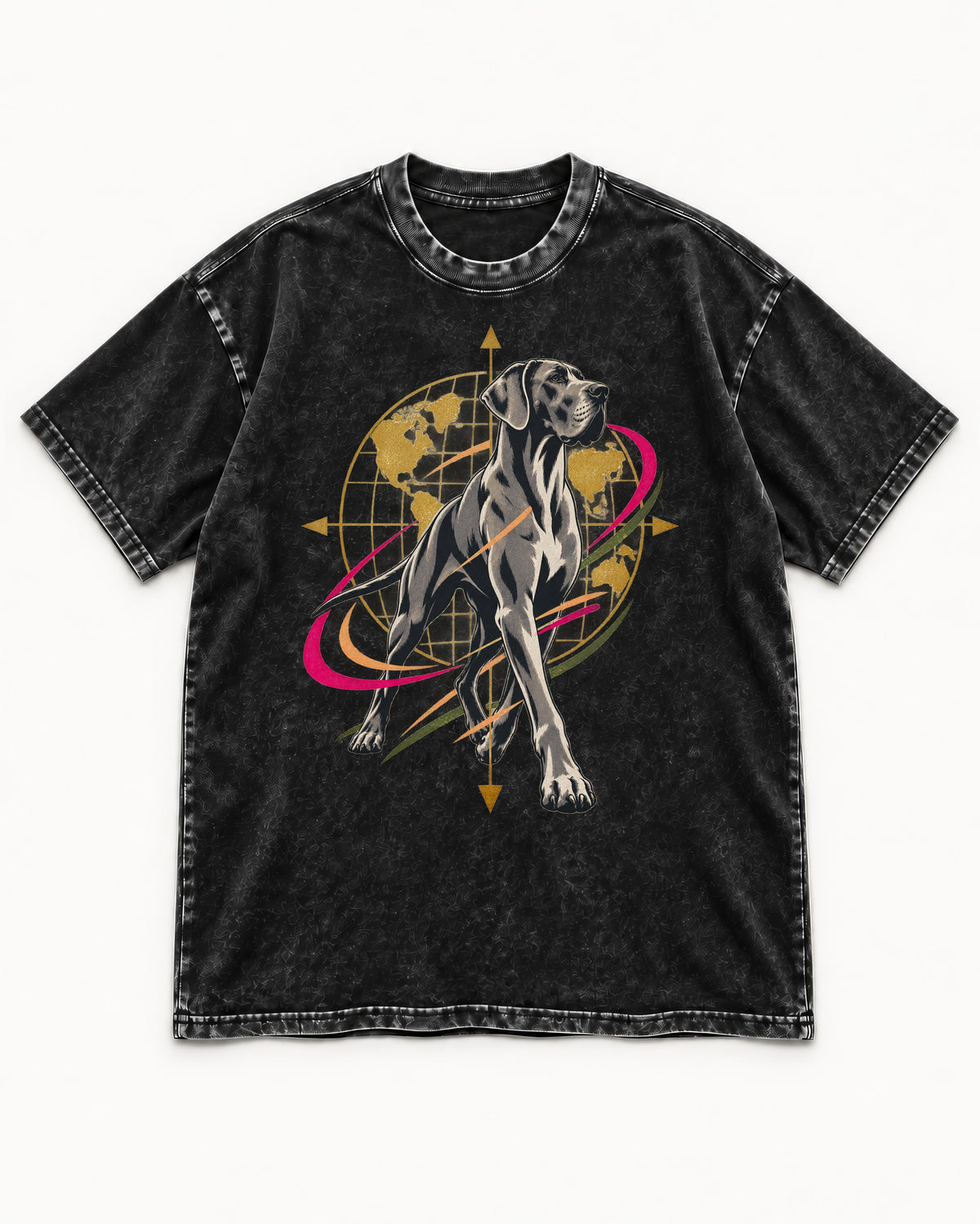Great Dane Striding Globe Orbit Graphic Washed Tee in Black, flat lay product photo