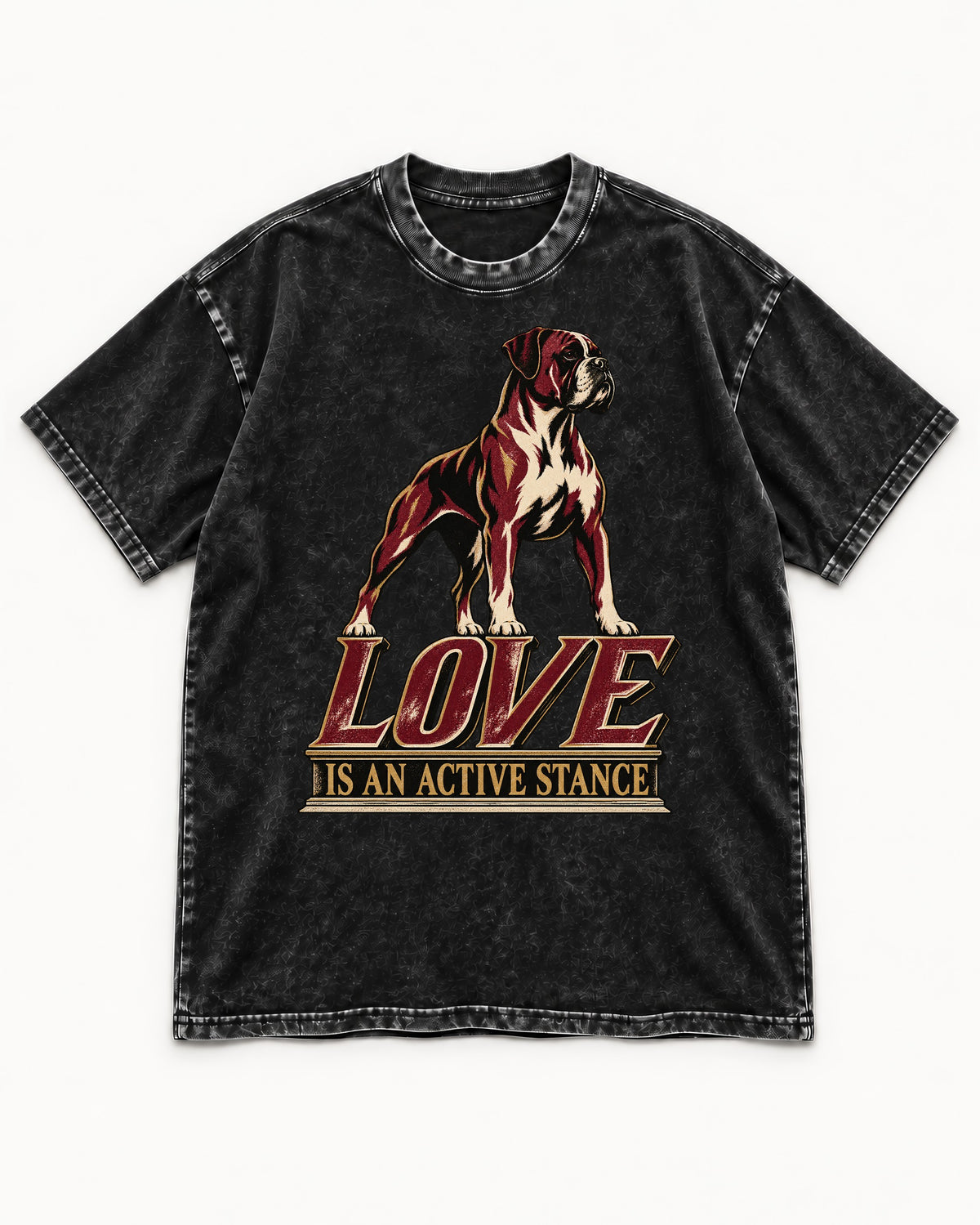 Love Is an Active Stance Boxer Pedestal Graphic Washed Tee in Black, flat lay product photo