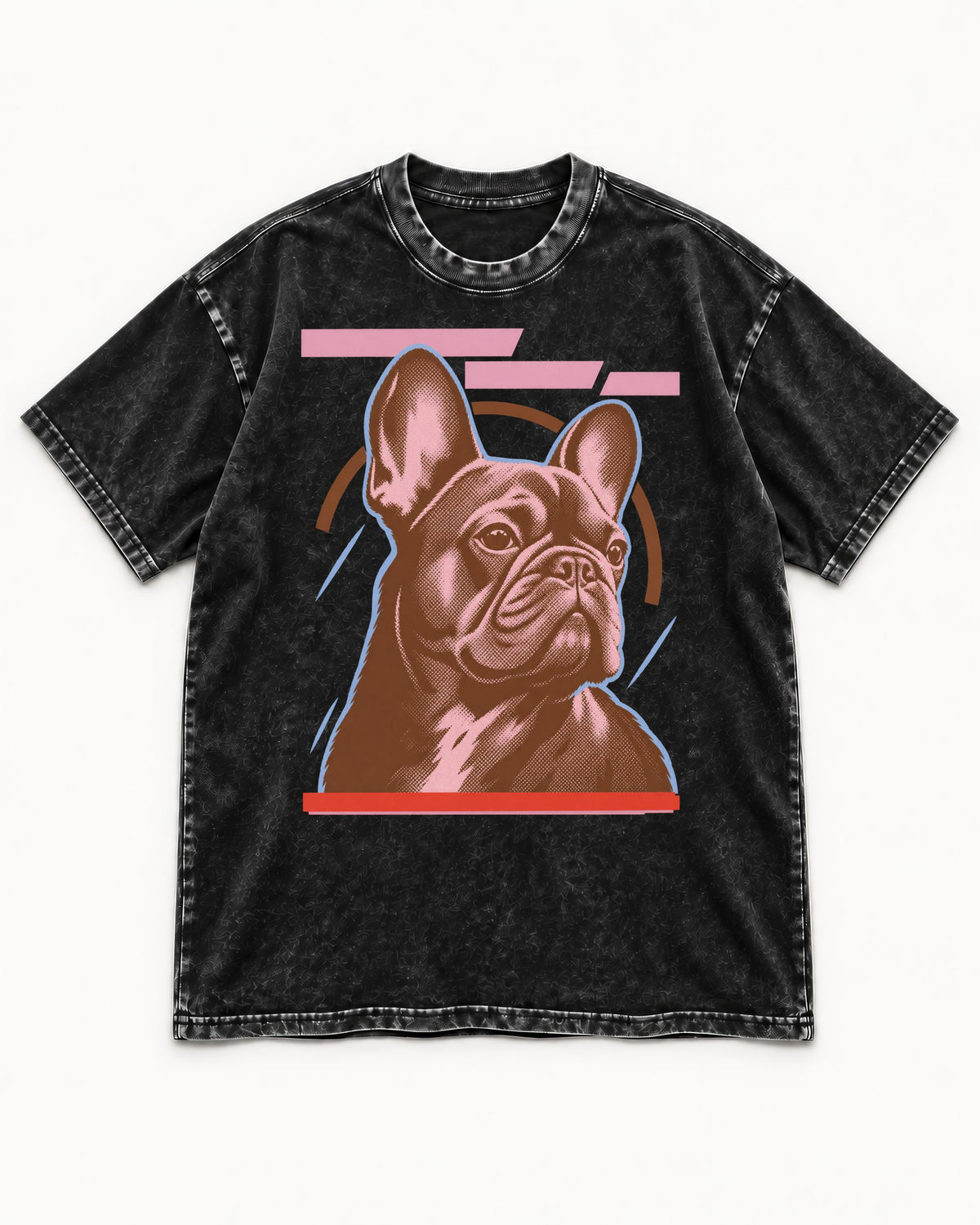Frenchie Geometric Portrait Graphic Washed Tee in Black, flat lay product photo