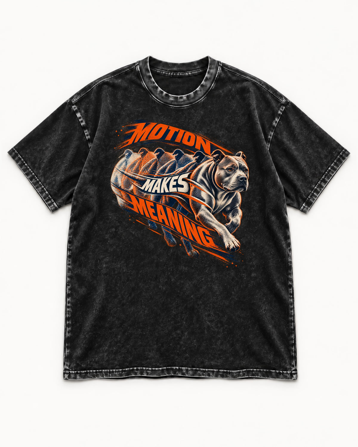 Pitbull Motion Makes Meaning Running Dog Graphic Washed Tee in Black, flat lay product photo