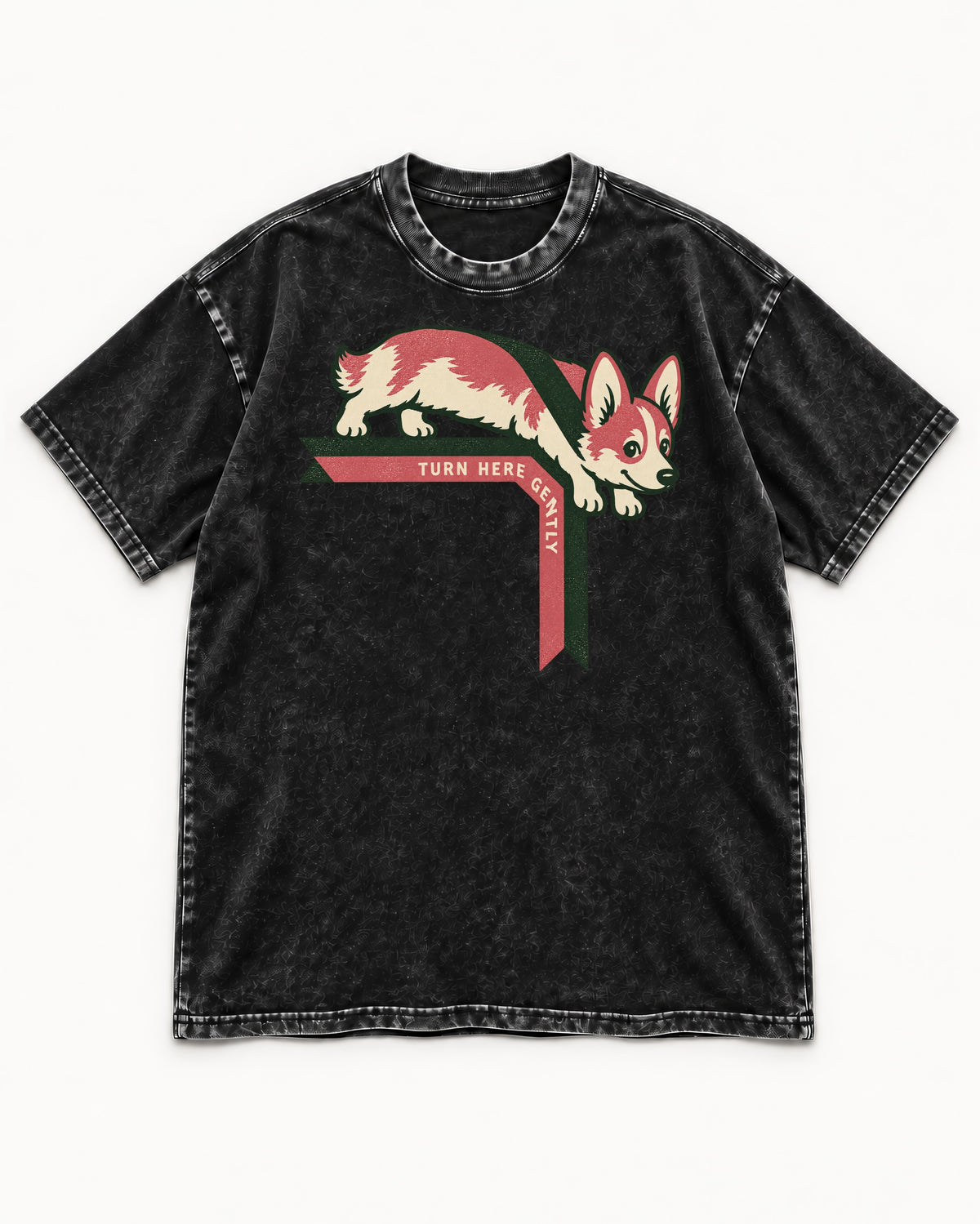 Corgi Turn Here Gently Washed Tee in Black, flat lay product photo