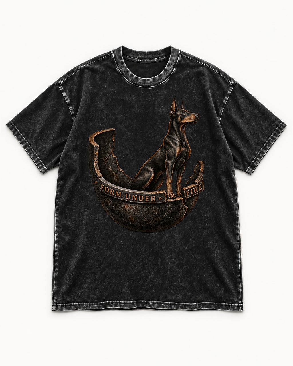 Doberman Form Under Fire Broken Shell Graphic Washed Tee in Black, flat lay product photo