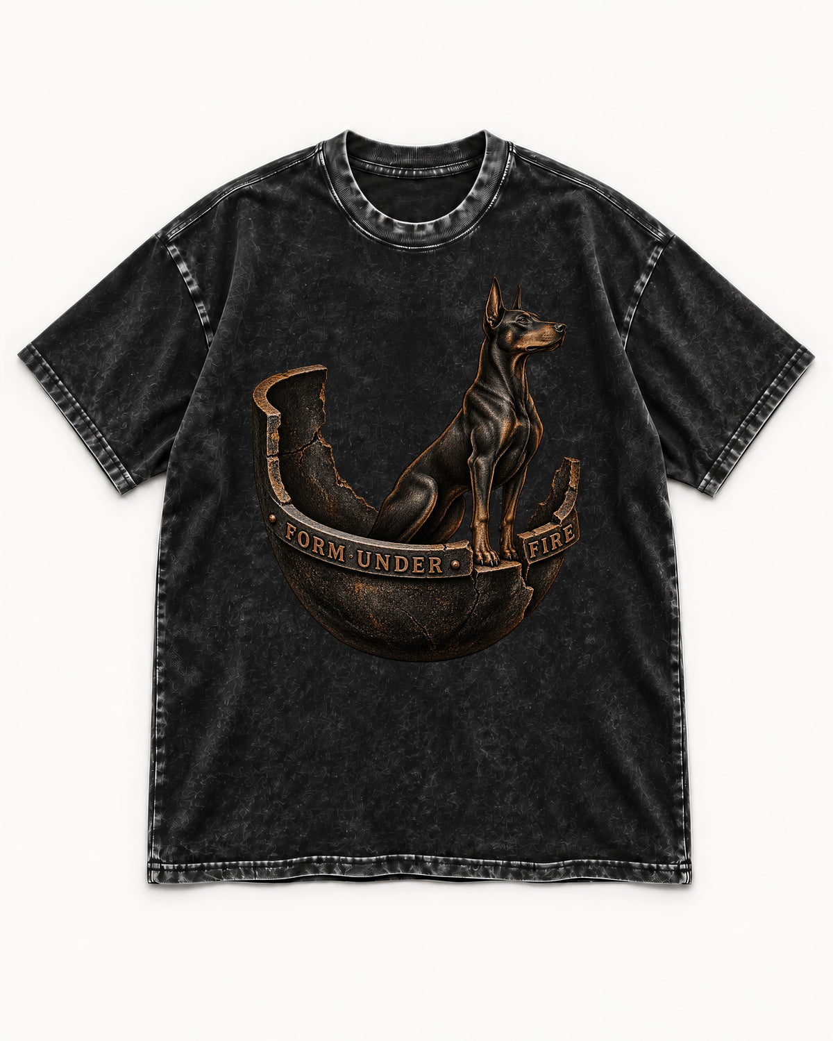 Doberman Form Under Fire Broken Shell Graphic Washed Tee in Black, flat lay product photo