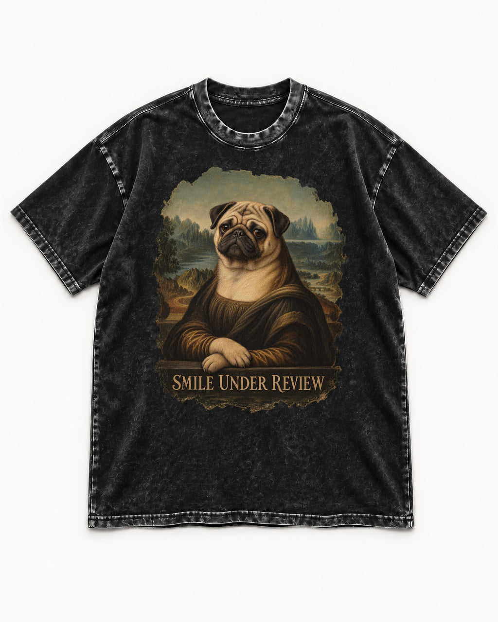 Pug Smile Under Review Mona Lisa Graphic Washed Tee in Black, flat lay product photo