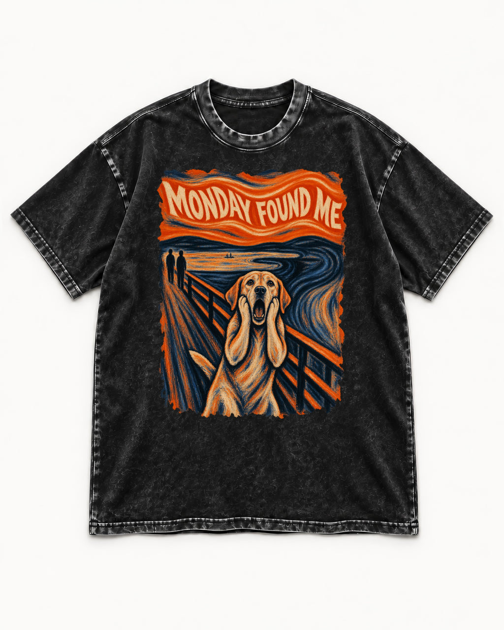 Labrador Retriever Monday Found Me Scream Parody Graphic Washed Tee in Black, flat lay product photo