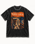 Labrador Retriever Monday Found Me Scream Parody Graphic Washed Tee in Black, flat lay product photo