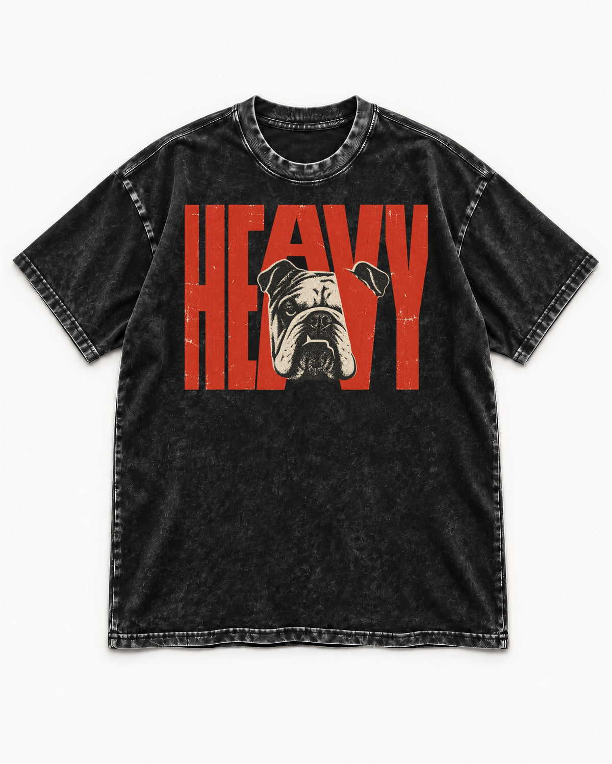English Bulldog Heavy Stacked Portrait Graphic Washed Tee in Black, flat lay product photo