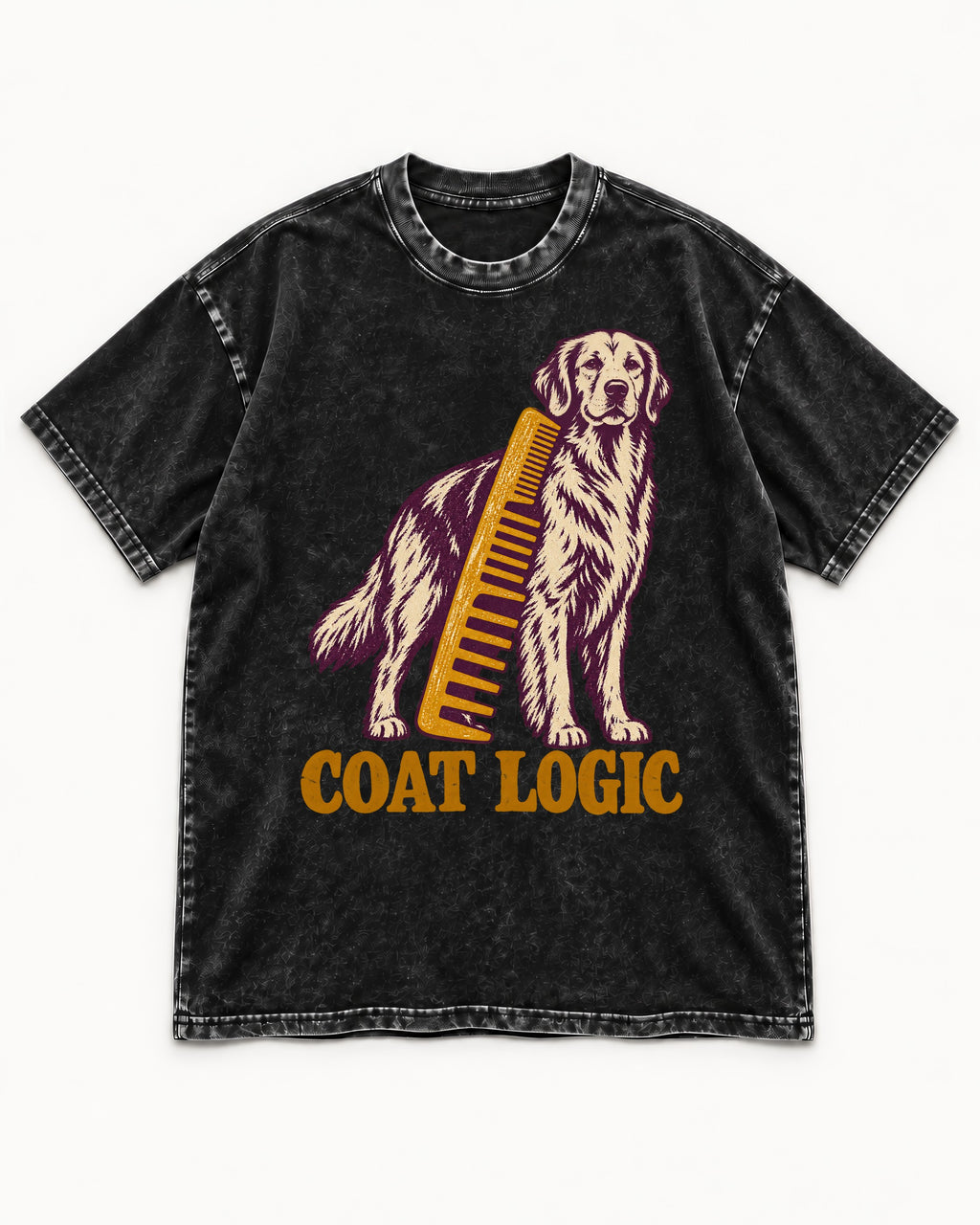 Golden Retriever Coat Logic Grooming Gauge Graphic Washed Tee in Black, flat lay product photo